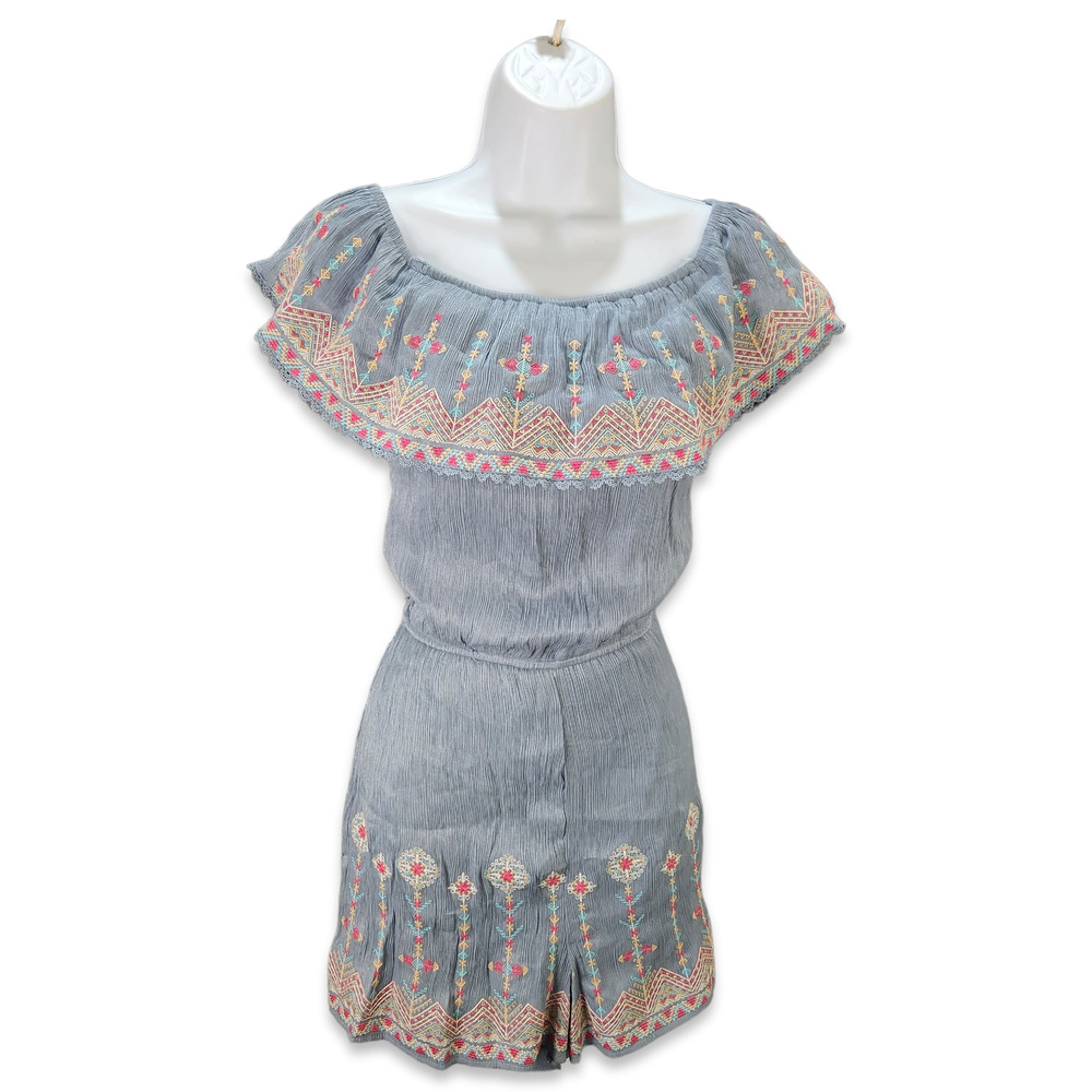 Savanna Jane Boutique Campensina Romper Medium Blue Shimmer Floral Embroidered